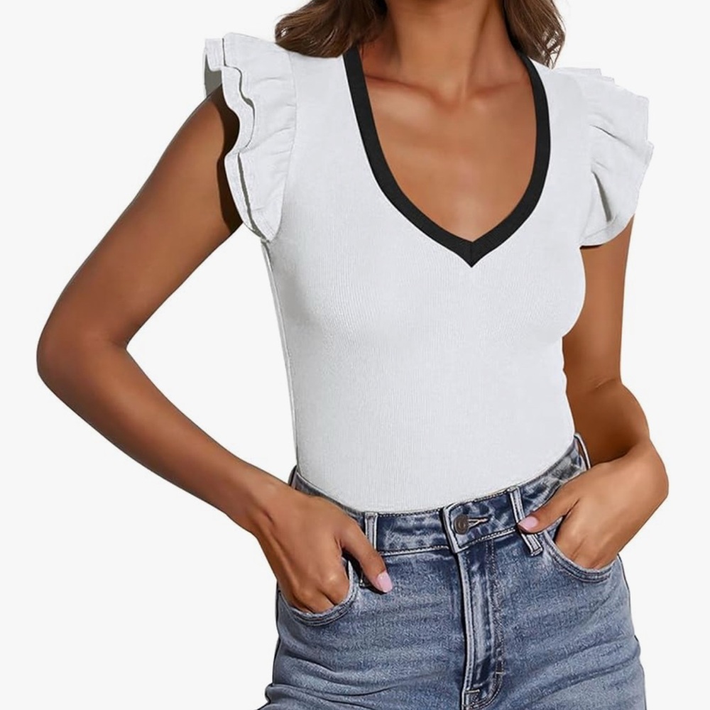 NEW White Ruffle Sleeve Black Trim V-Neck Top Size M